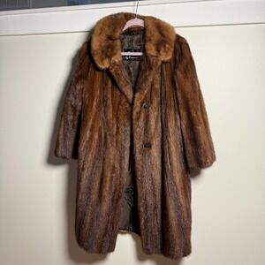 Rifken's Mink Fur Coat Women M/L Brown Vintage 50s Mid-Length Embroidered Lining
